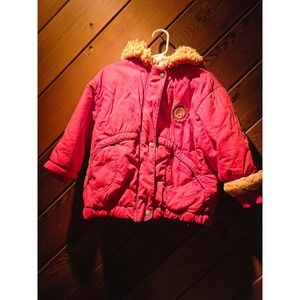 Vintage 90s Cakewalk Dutch Designer Pink Sherpa Hooded Puffer Coat Toddler 3T